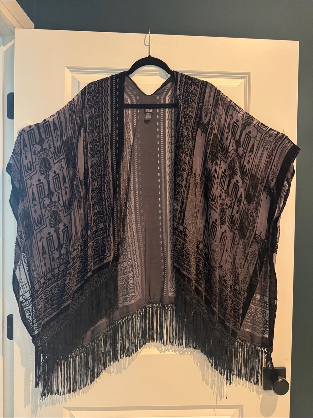 Fringed Sheer Kimono Cape - Black and Gray